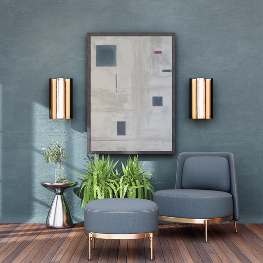 ChangeInMotion- Modern Abstract Geometric Painting | Dark Blue Squares & Light Gray Background Art