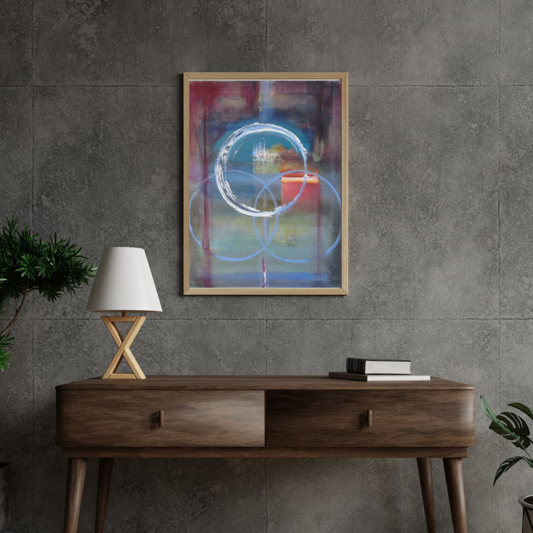 Modern Abstract Wall Art –  3circles Colorful Geometric Circles Print in Black Frame
