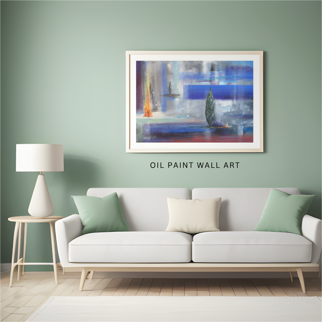 Fire and Trees – Abstract Landscape Digital Wall Art | Mystical Blue & Fiery Hues