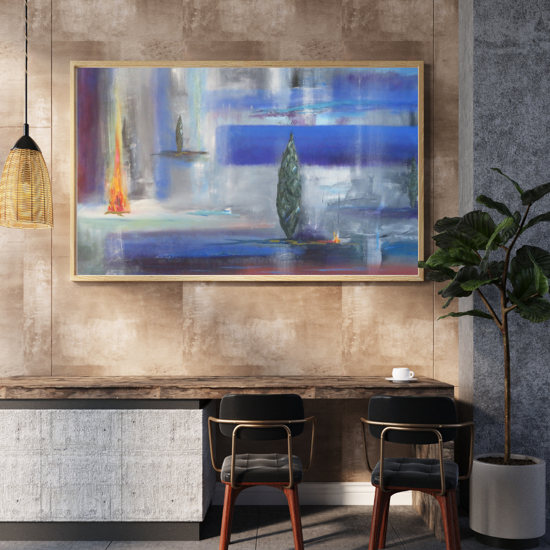Fire and Trees – Abstract Landscape Digital Wall Art | Mystical Blue & Fiery Hues