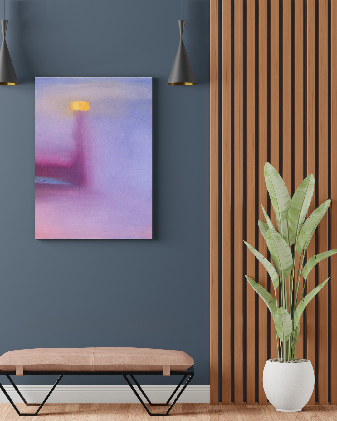 Yellowlift Abstract Painting – Modern Wall Art in Shades of Purple and Gold