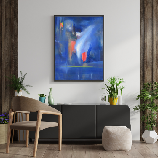 Red on Blue & White – Abstract Digital Wall Art | Bold Contemporary Painting for Modern Interior Décor