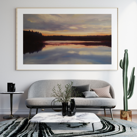 Waldenglow- Serene Sunset Over Still Waters – Tranquil Lake Landscape Digital Art, Calming Nature Wall Print for Home & Office Decor