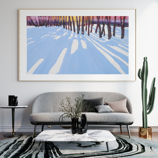 Winter Glow – Abstract Winter Landscape Digital Painting | Modern Snowy Forest Wall Art with Vibrant Sunset & Long Shadows