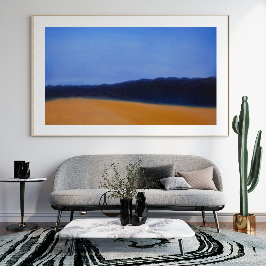 Yellow Blue Field – Serene Minimalist Landscape Digital Painting | Tranquil Modern Wall Art for Home & Office Decor