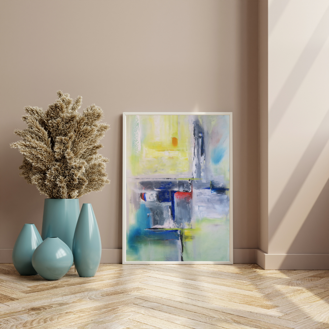 Lemon Light – Abstract Modern Digital Wall Art | Yellow & Blue Contemporary Home Decor