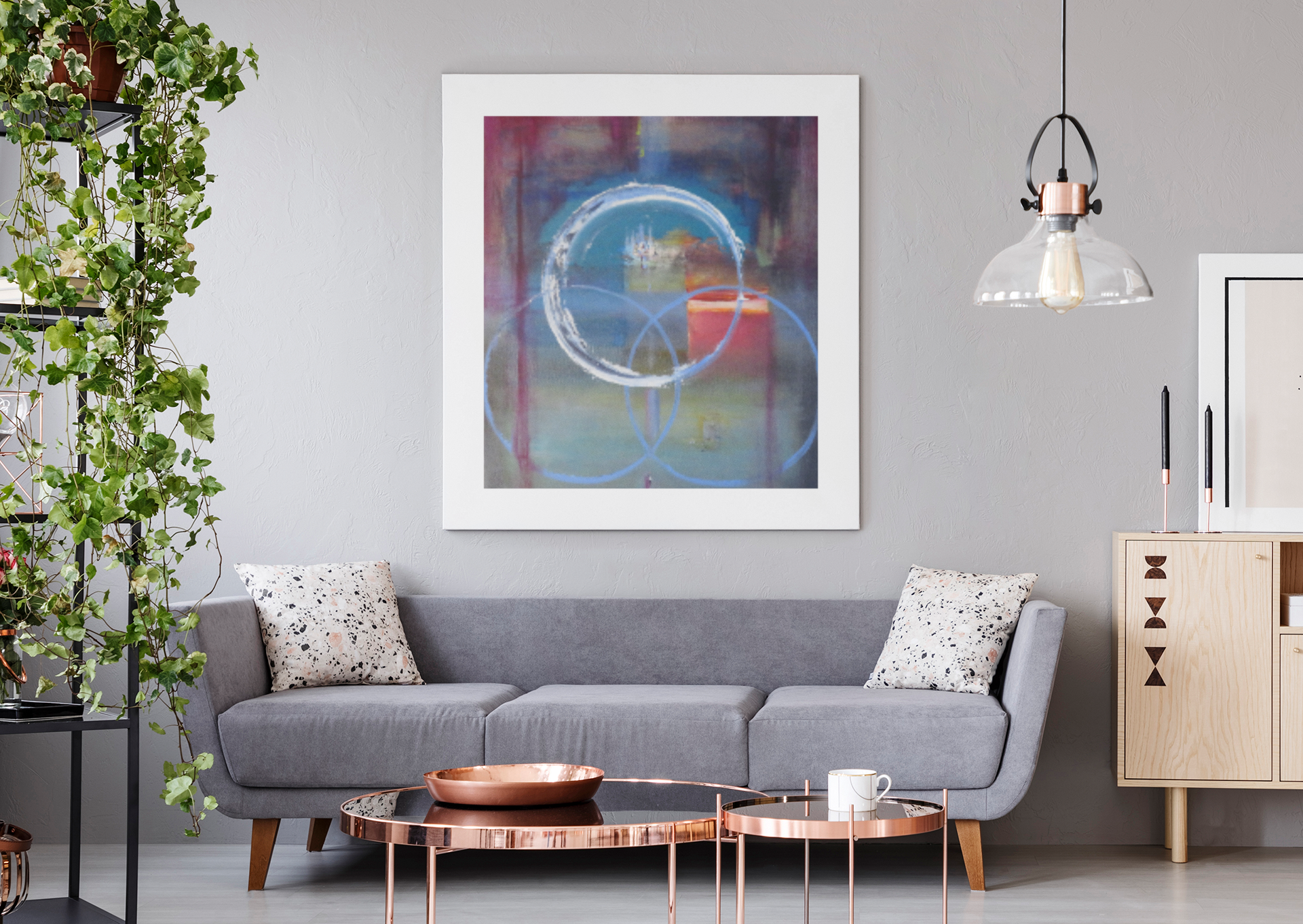 Modern Abstract Wall Art –  3circles Colorful Geometric Circles Print in Black Frame