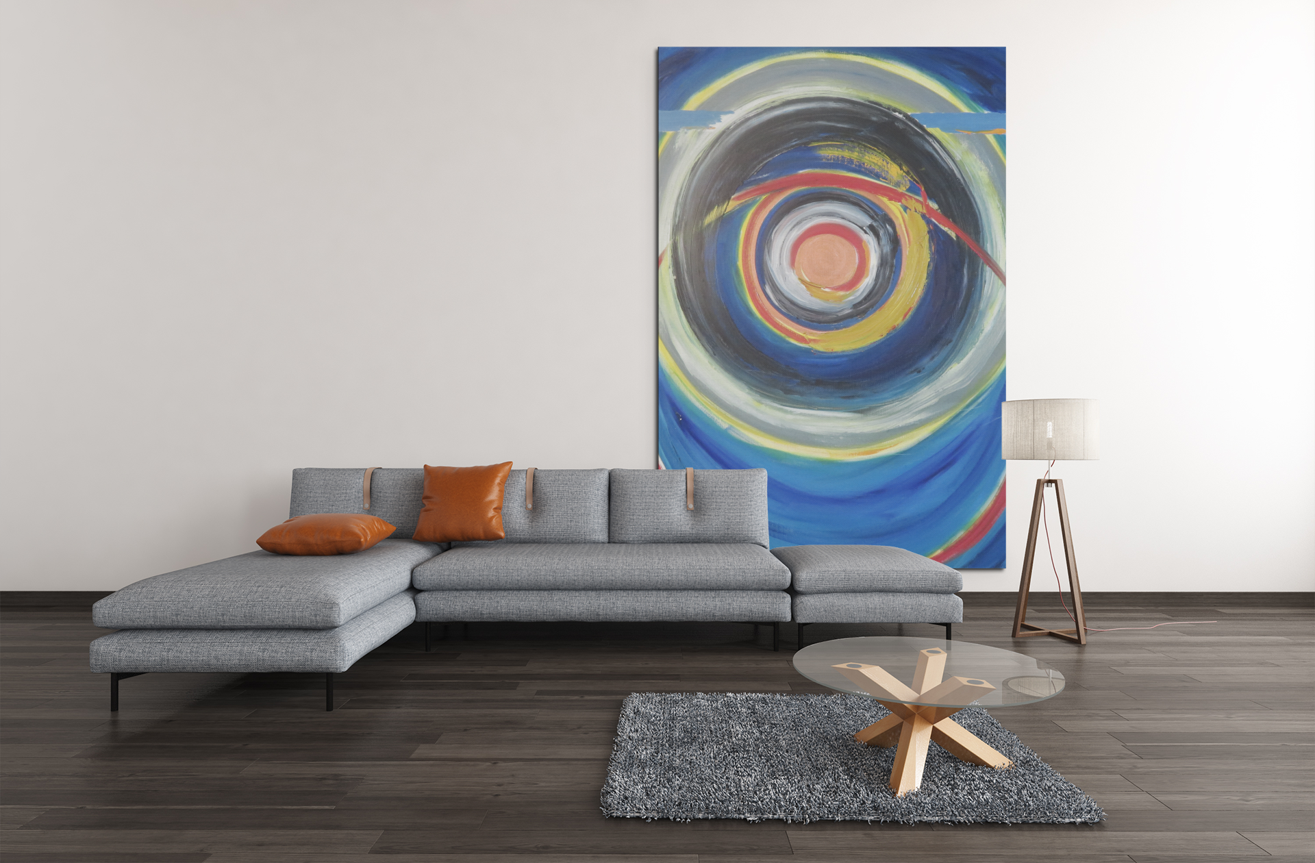 Concentric Rounding- Modern Abstract Geometric Painting | Dark Blue Squares & Light Gray Background Art