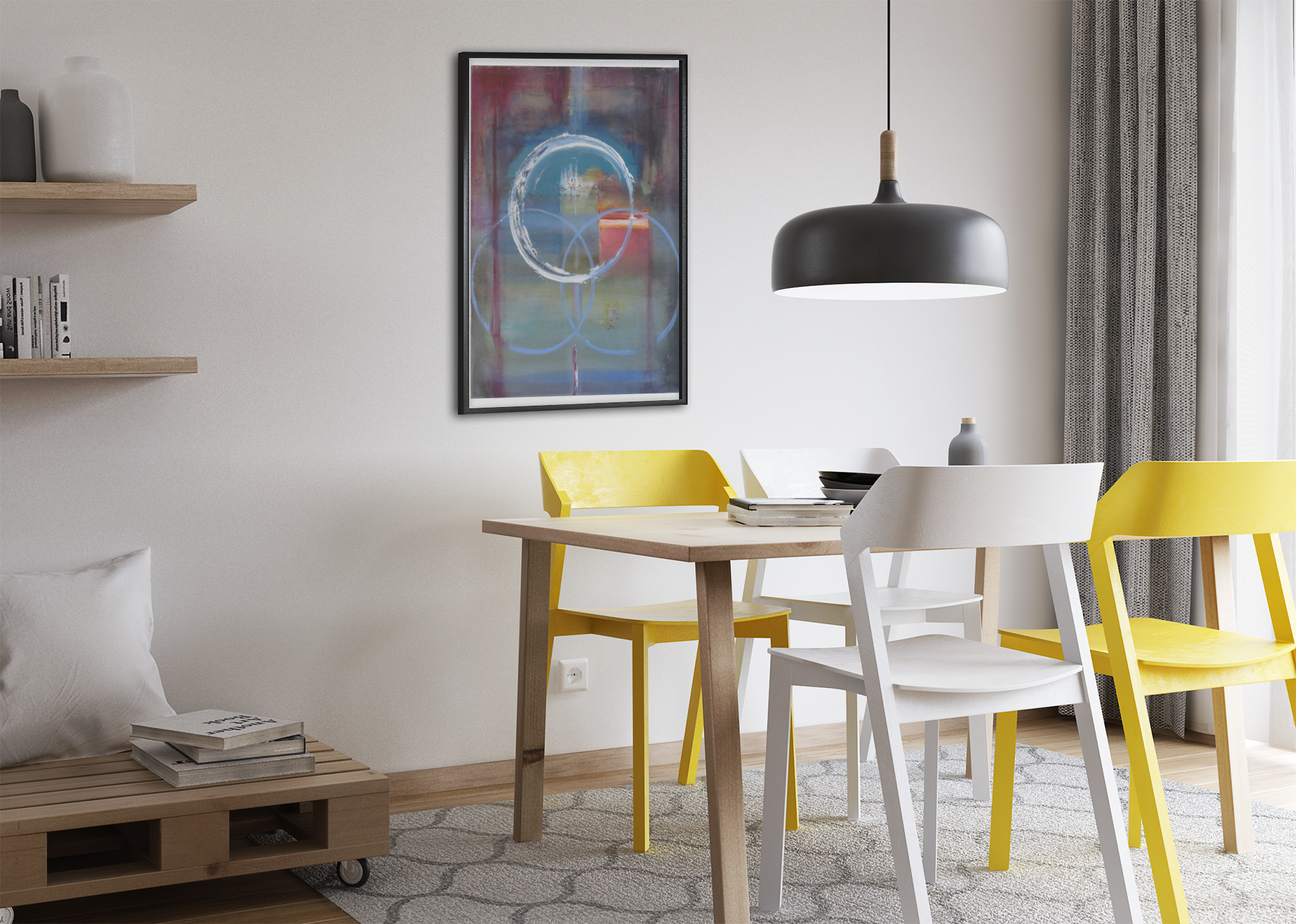Modern Abstract Wall Art –  3circles Colorful Geometric Circles Print in Black Frame